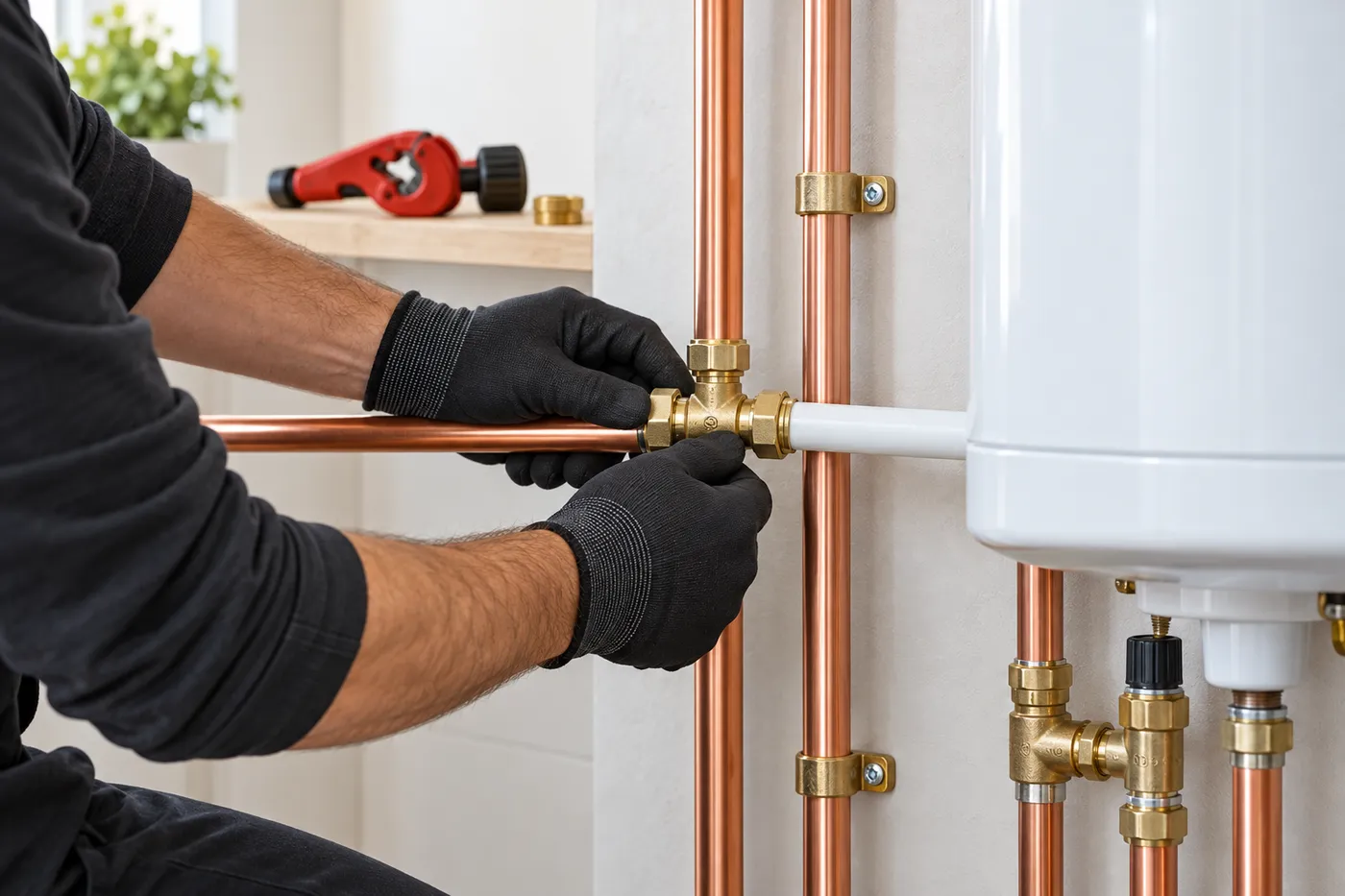 Mains gantées raccordant un tube en cuivre et un tube PER à côté d'un chauffe-eau