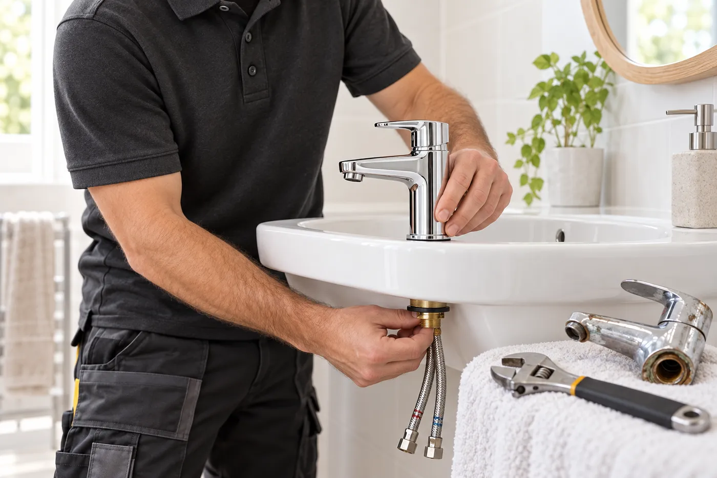 Pose d'un mitigeur chromé sur un lavabo en céramique blanche
