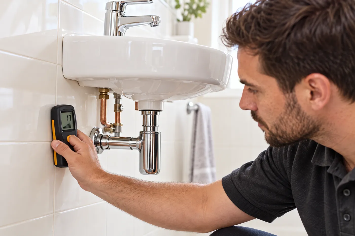 Plombier mesurant l'humidité du carrelage sous un lavabo pour localiser une fuite